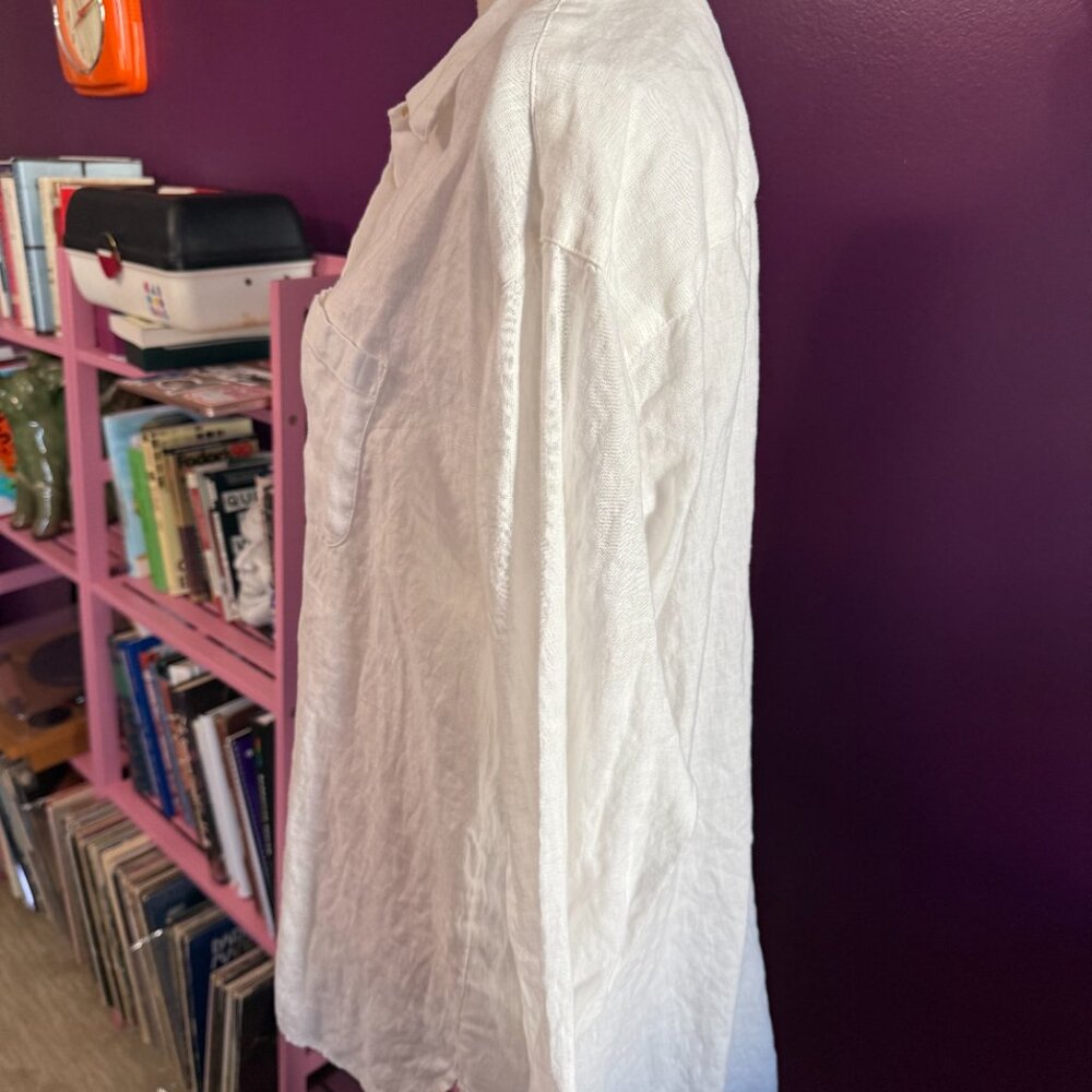 White Oversize J Jill Button-Down Oxford Linen Shirt | Size M - Picture 3 of 7
